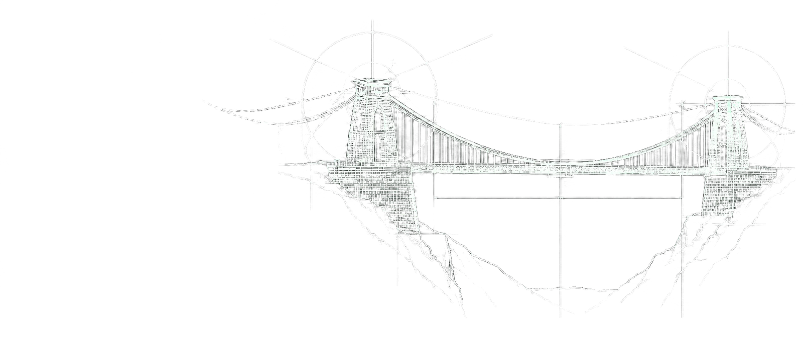 Line drawing of a suspension bridge spanning a gorge
